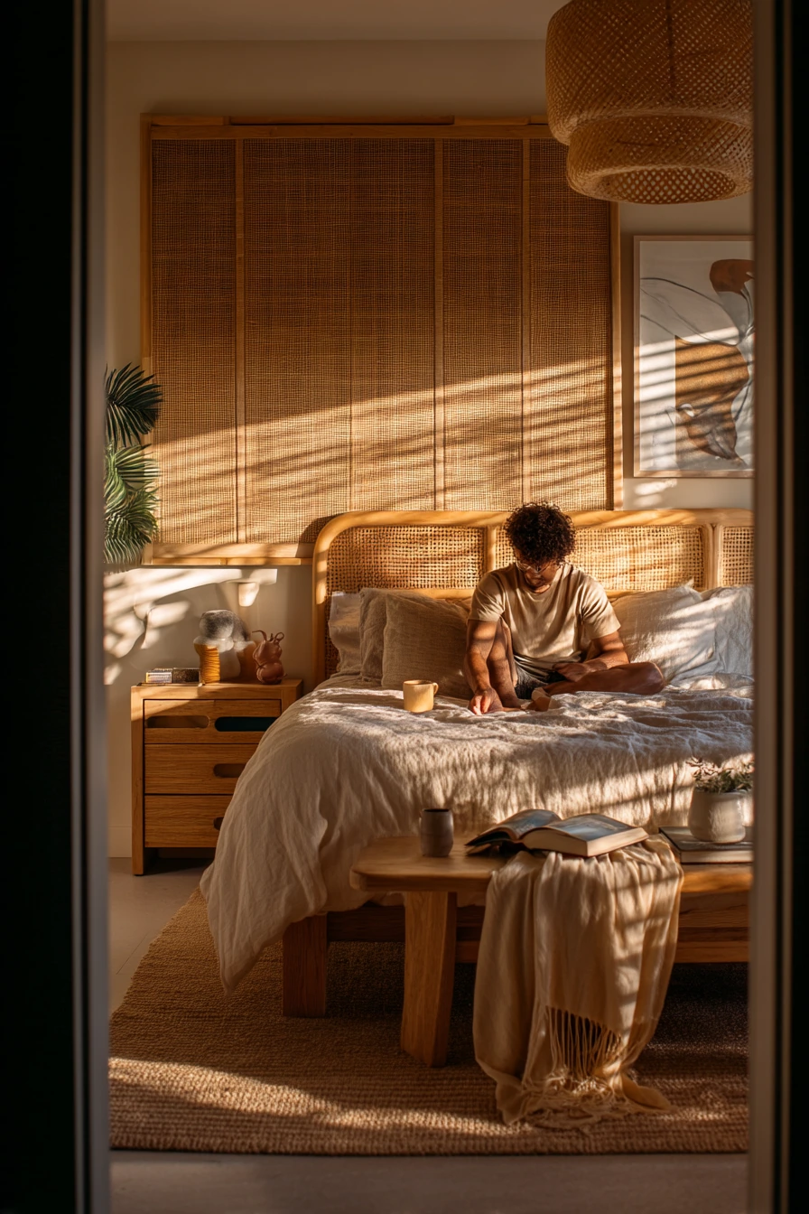Sunlit Bamboo Bedroom With Quiet Morning Routine