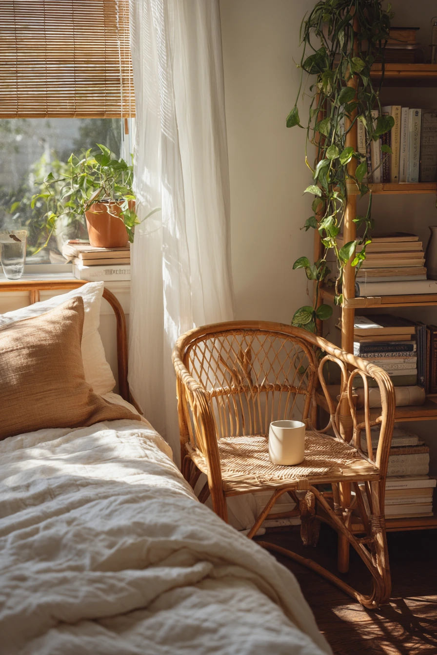 Boho Bamboo Bedroom With Plants and Reading Nook