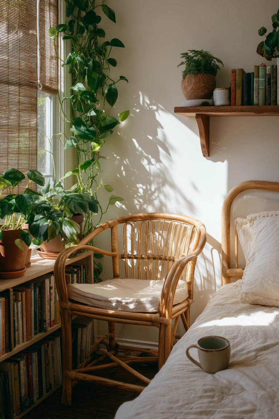 Boho Bamboo Bedroom With Plants and Reading Nook
