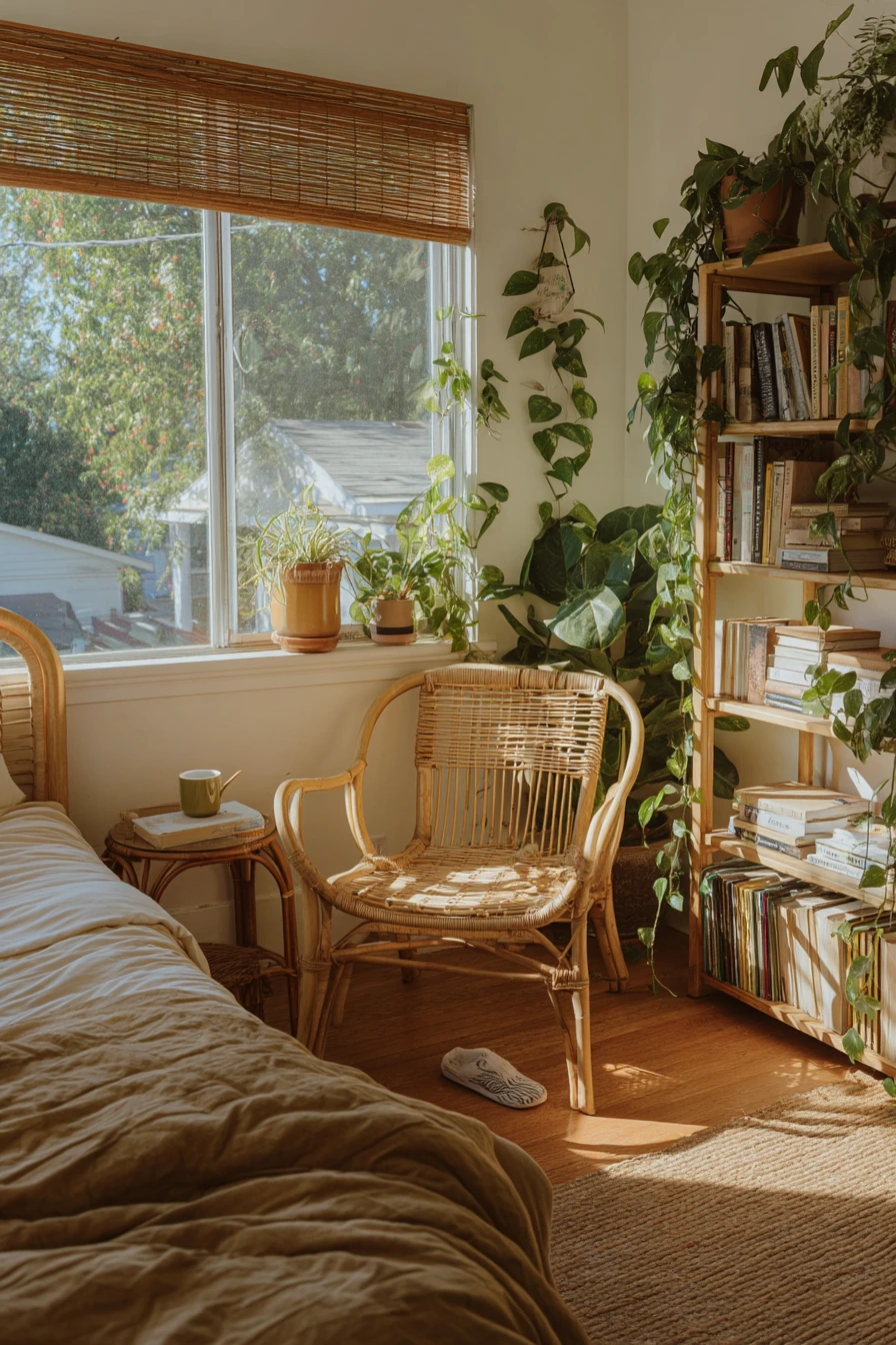 Boho Bamboo Bedroom With Plants and Reading Nook