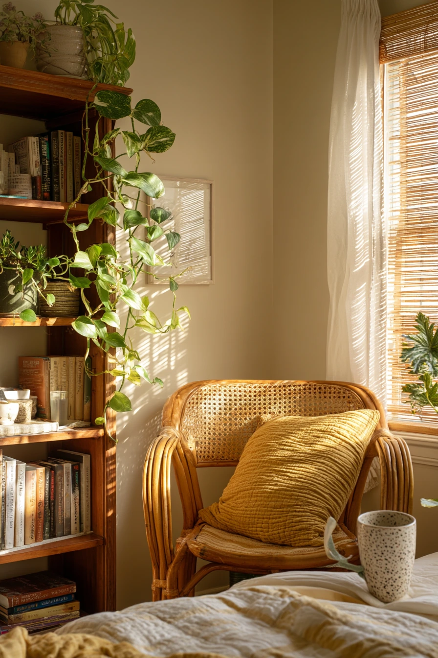 Boho Bamboo Bedroom With Plants and Reading Nook