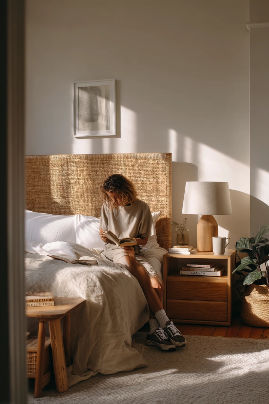 Sunlit Bamboo Bedroom With Quiet Morning Routine