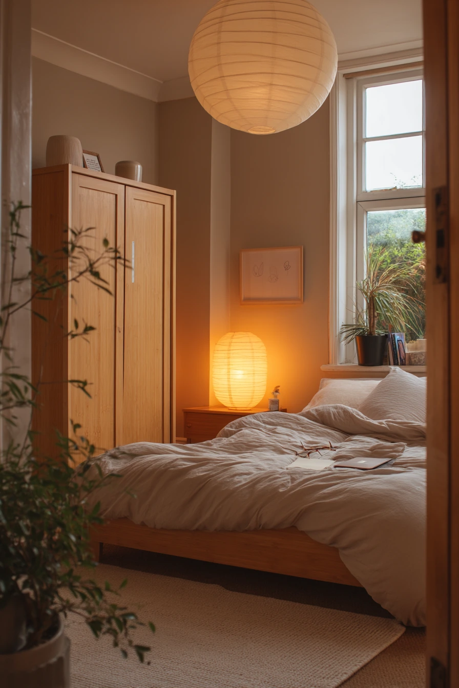 Minimal Bamboo Bedroom With Warm Practical Lighting