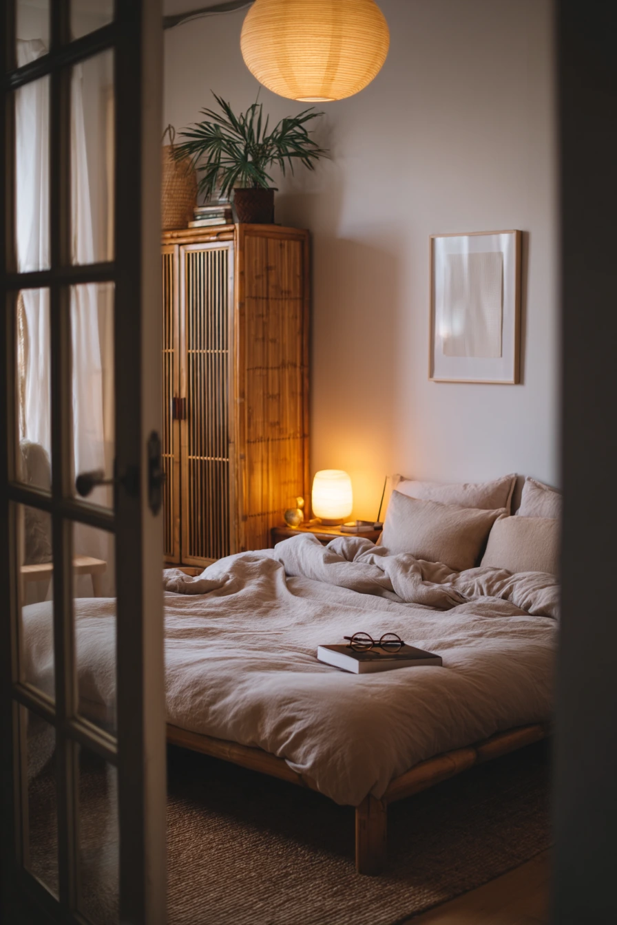 Minimal Bamboo Bedroom With Warm Practical Lighting