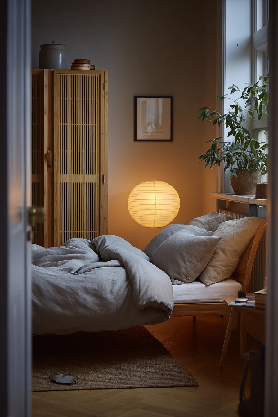 Minimal Bamboo Bedroom With Warm Practical Lighting