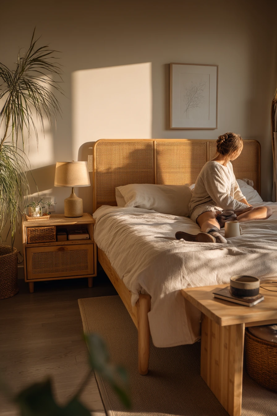 Sunlit Bamboo Bedroom With Quiet Morning Routine