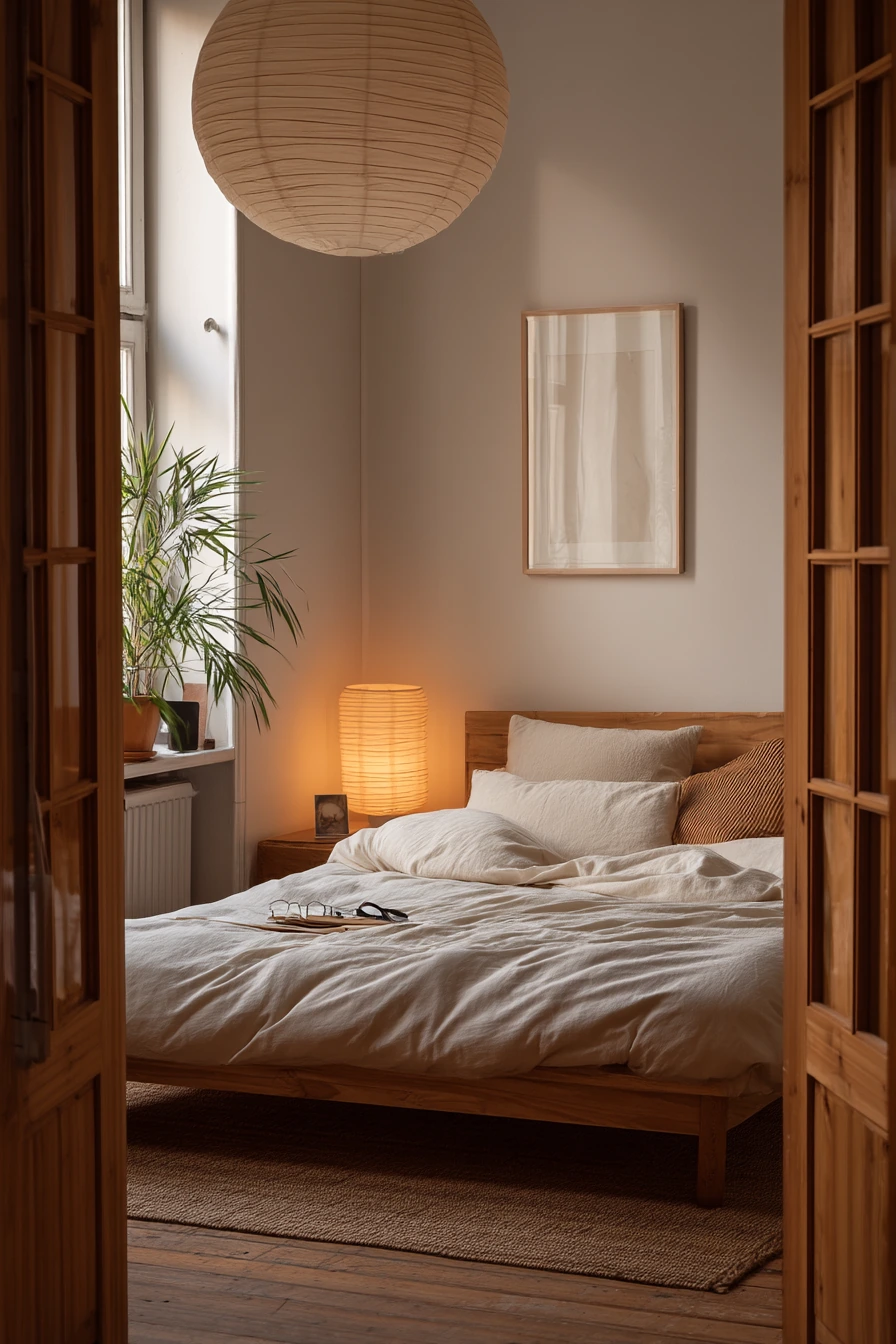 Minimal Bamboo Bedroom With Warm Practical Lighting