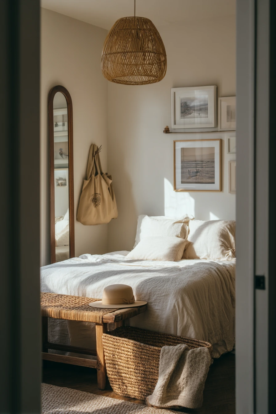 Renter-Friendly Bamboo Bedroom Layered in Neutrals