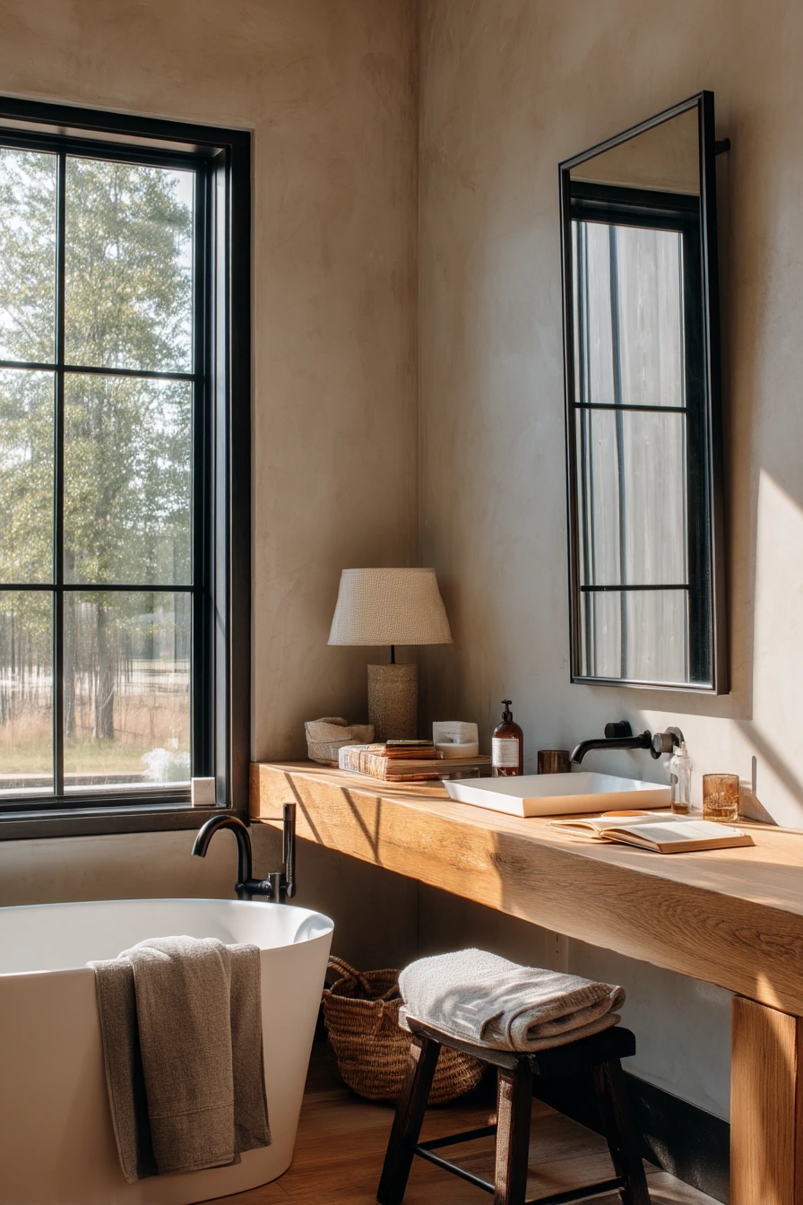 Warm Modern Barndominium Primary Bath