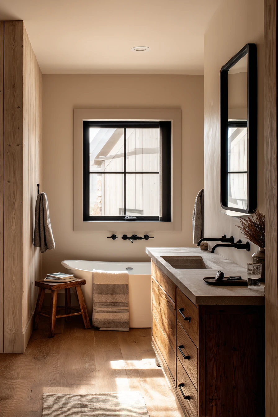 Warm Modern Barndominium Primary Bath