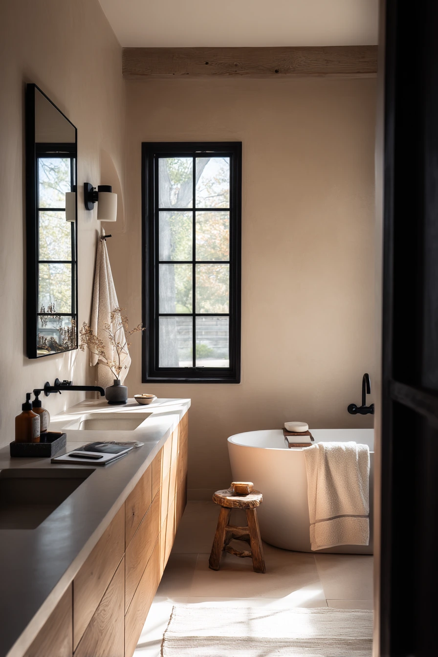 Warm Modern Barndominium Primary Bath