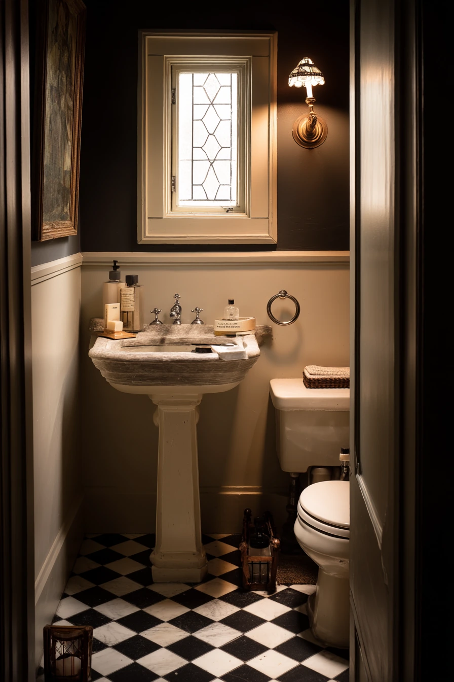Tiny Powder Room with Bold Basketweave