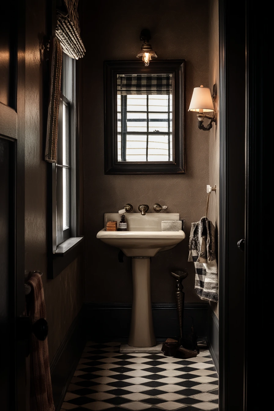 Tiny Powder Room with Bold Basketweave