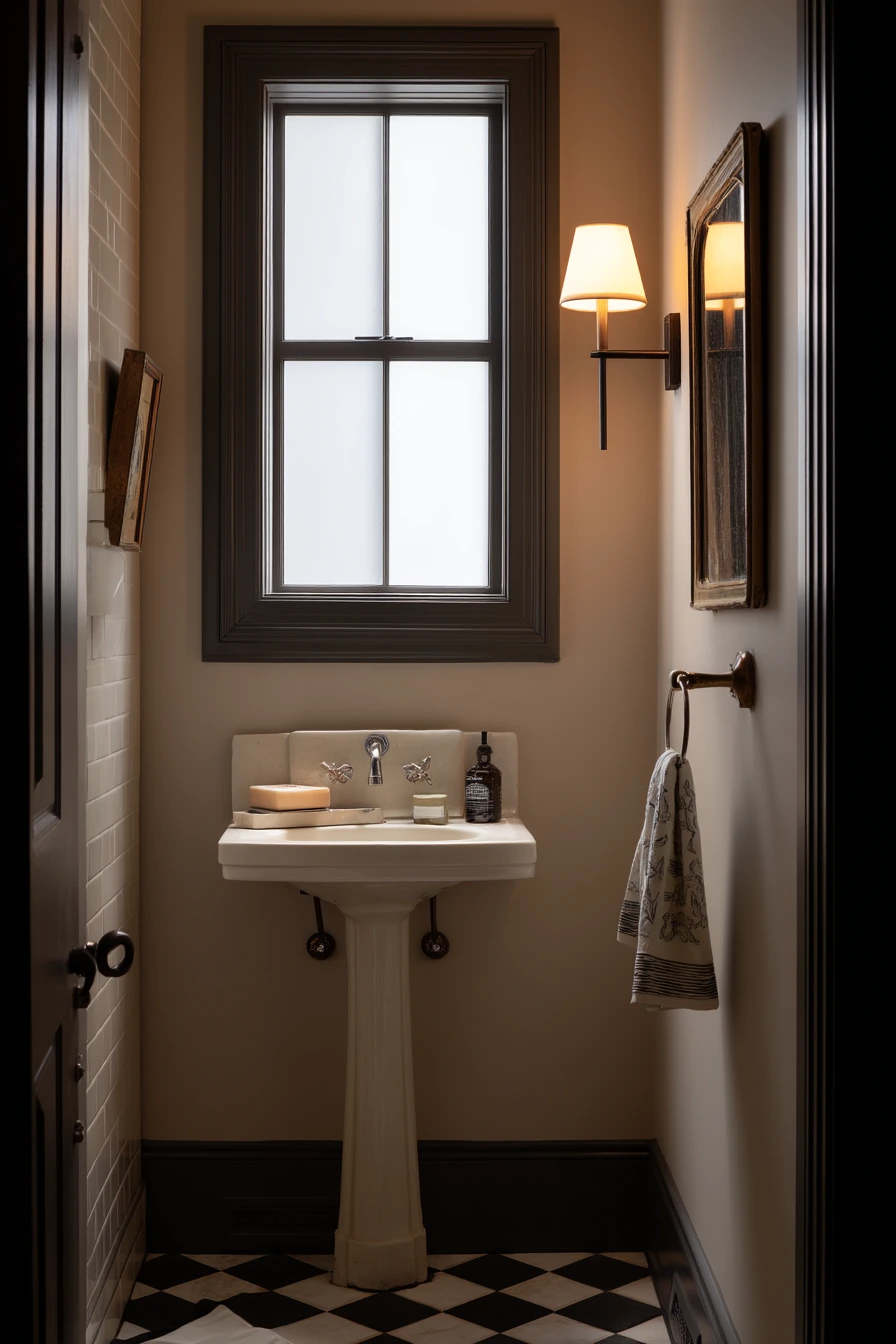 Tiny Powder Room with Bold Basketweave