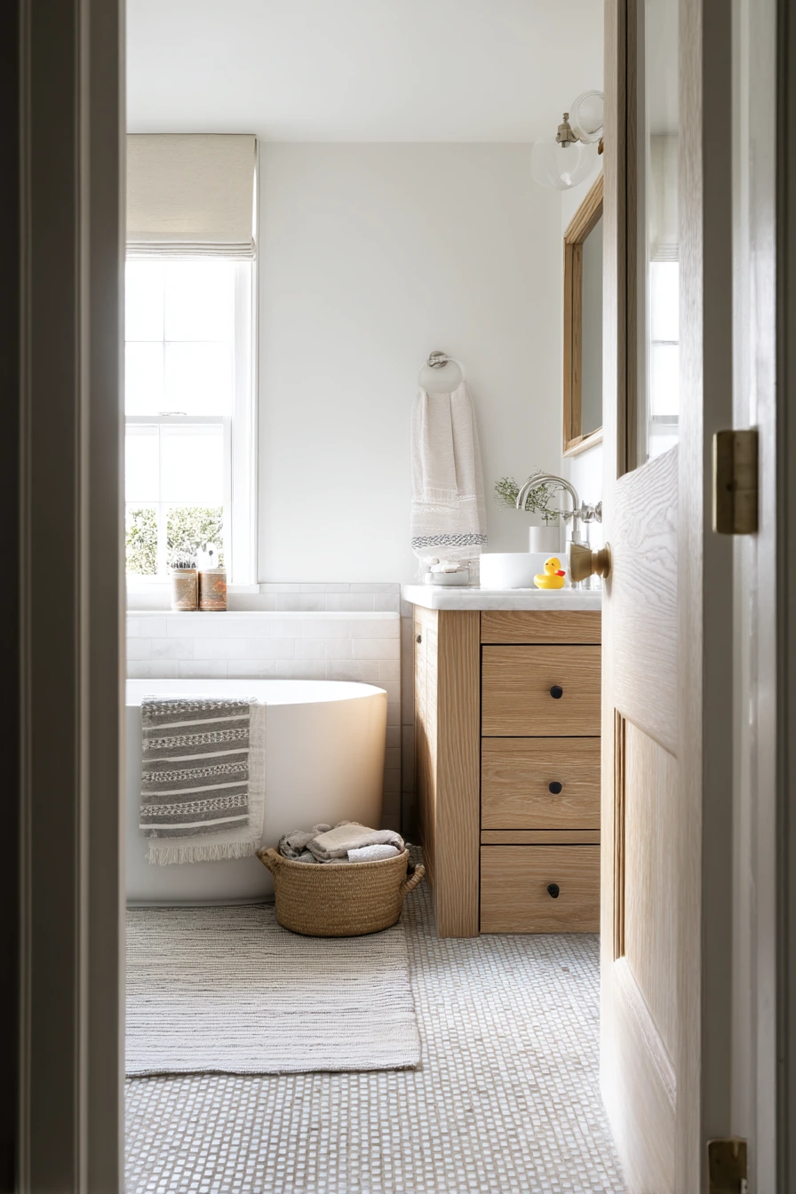 Small Family Bath with Basketweave Floor