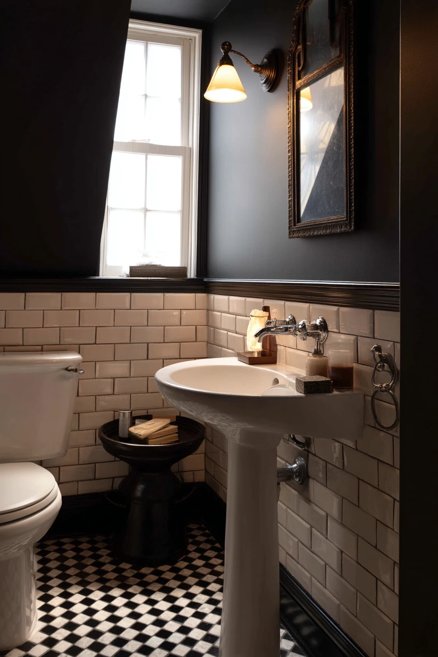 Tiny Powder Room with Bold Basketweave