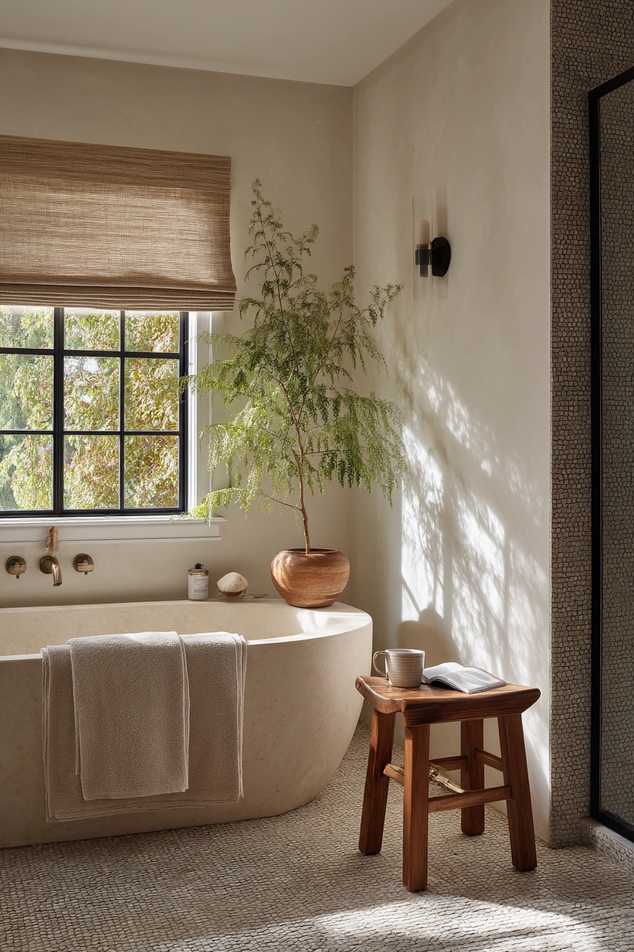 Spa-Like Bath with Basketweave and Plants
