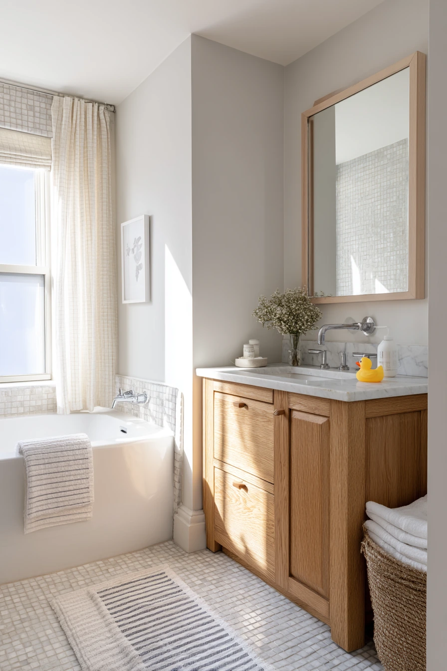 Small Family Bath with Basketweave Floor