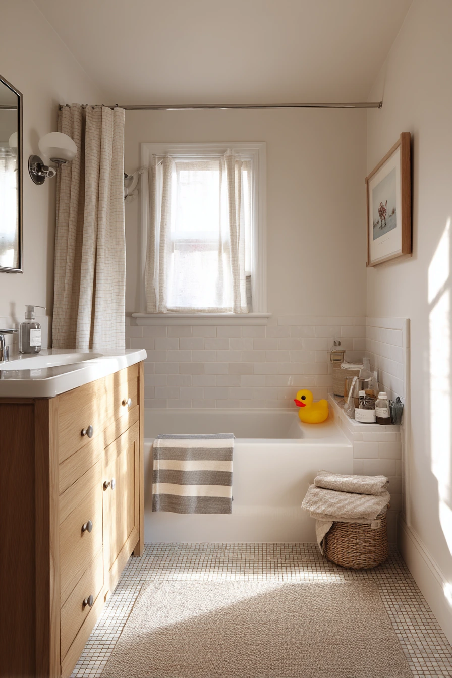 Small Family Bath with Basketweave Floor