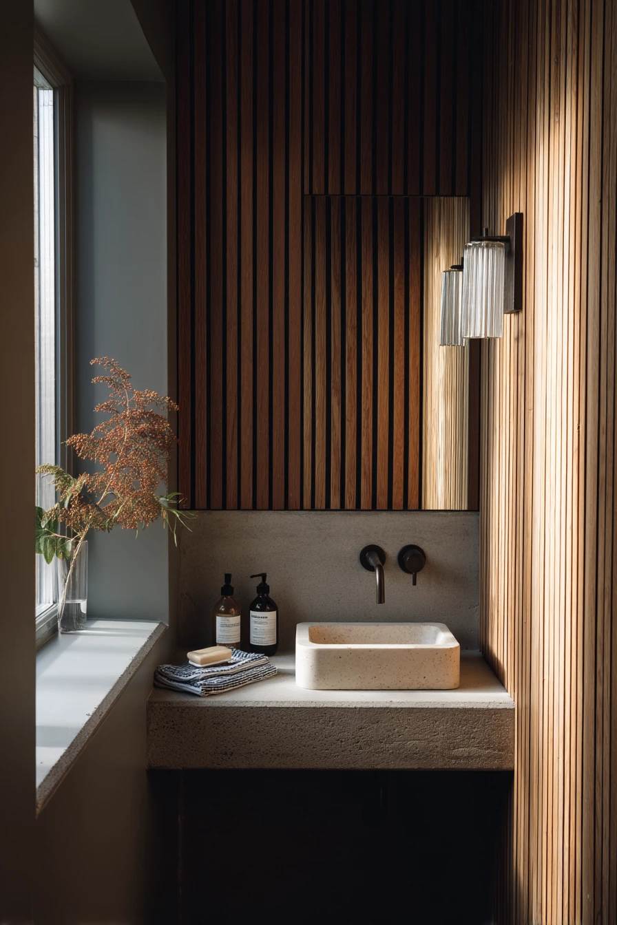 Wood Slats for a Narrow Hall Bath