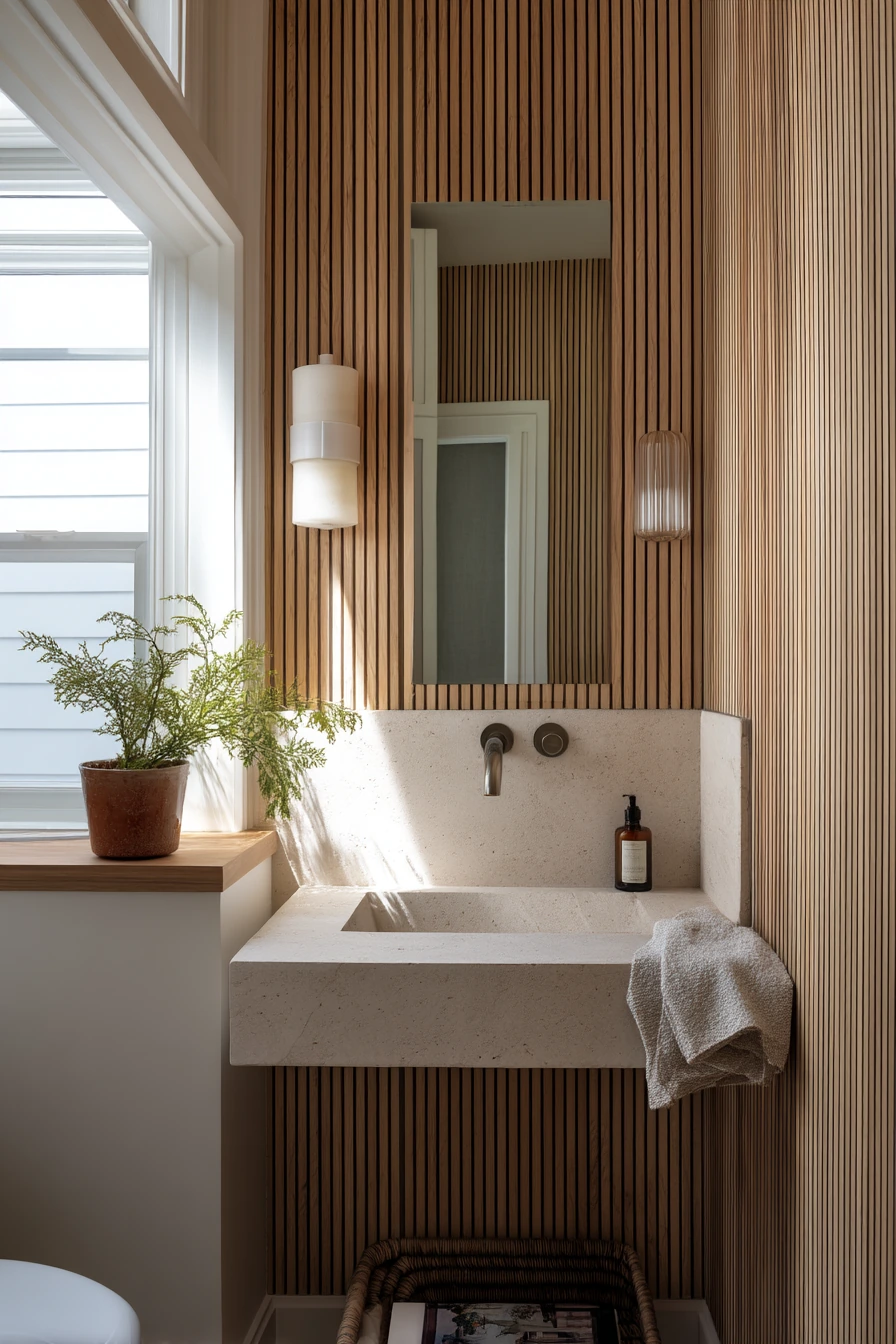 Wood Slats for a Narrow Hall Bath