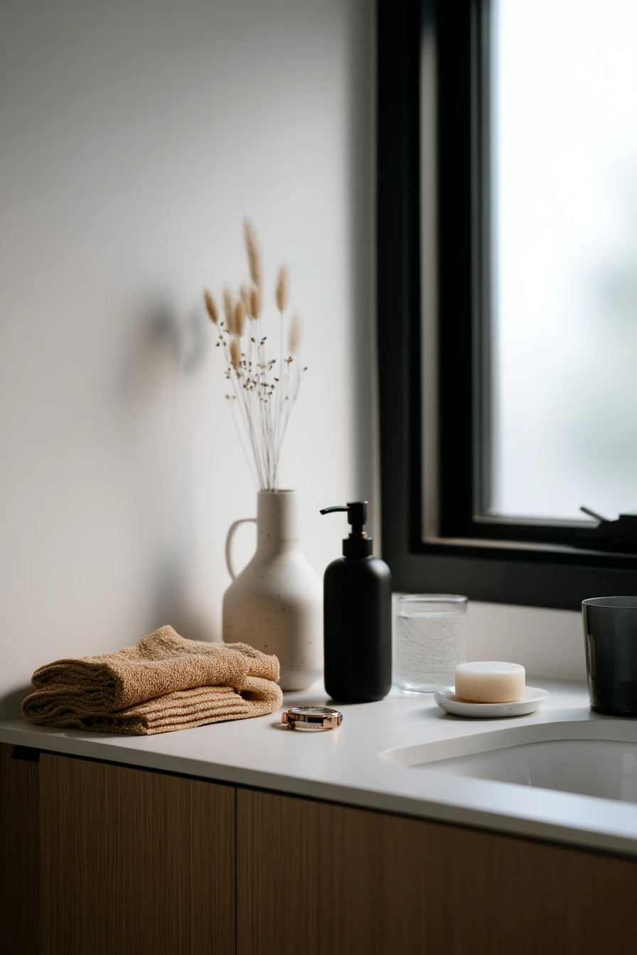 7. Minimal Black-and-Wood Countertop