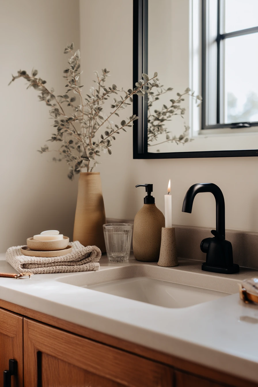 7. Minimal Black-and-Wood Countertop