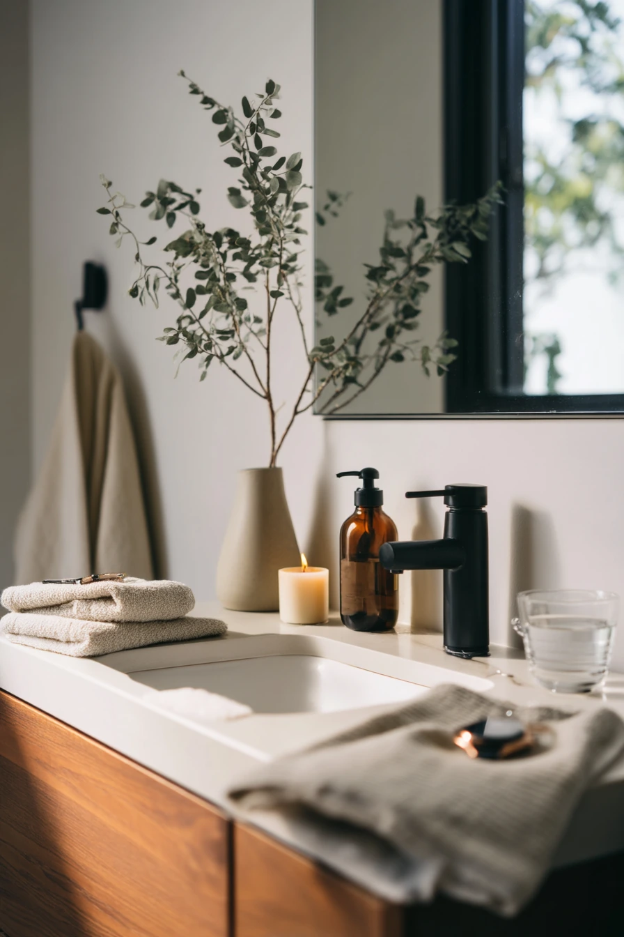 7. Minimal Black-and-Wood Countertop