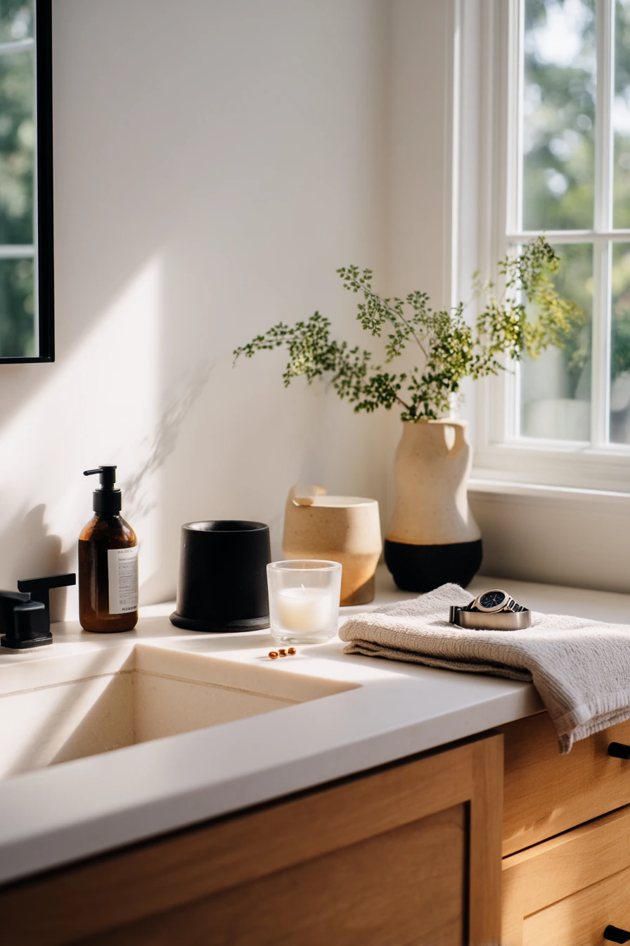 7. Minimal Black-and-Wood Countertop