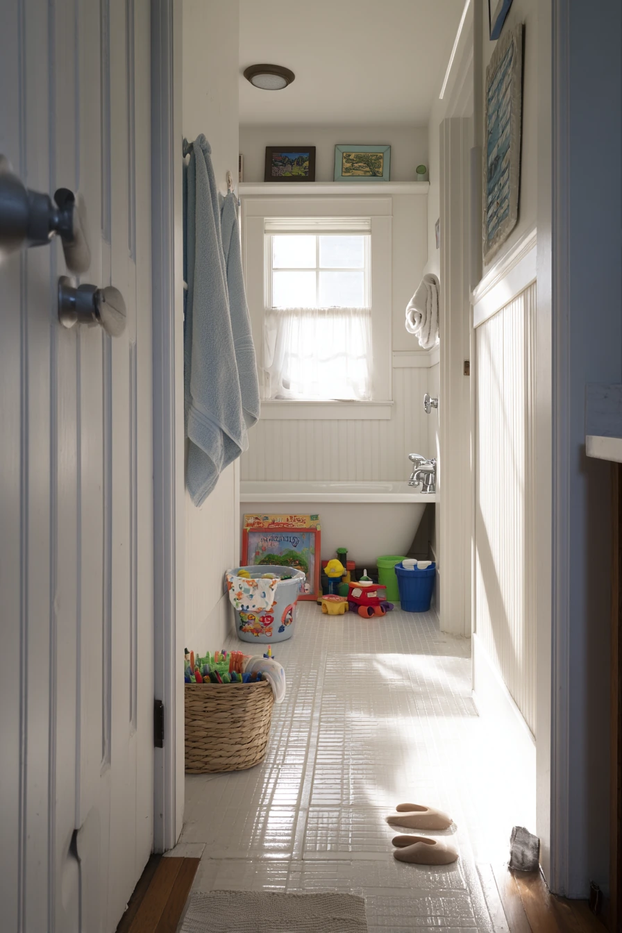 Kids’ Bath with a Durable White Barn Door