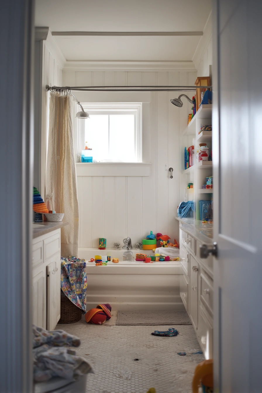 Kids’ Bath with a Durable White Barn Door