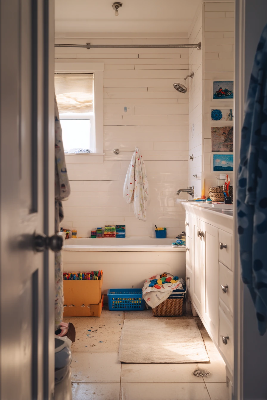 Kids’ Bath with a Durable White Barn Door