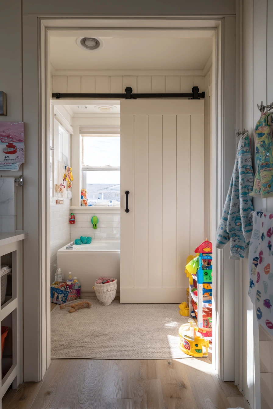 Kids’ Bath with a Durable White Barn Door