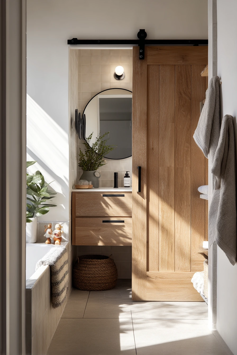 Small Hall Bath with a Space-Saving Sliding Barn Door