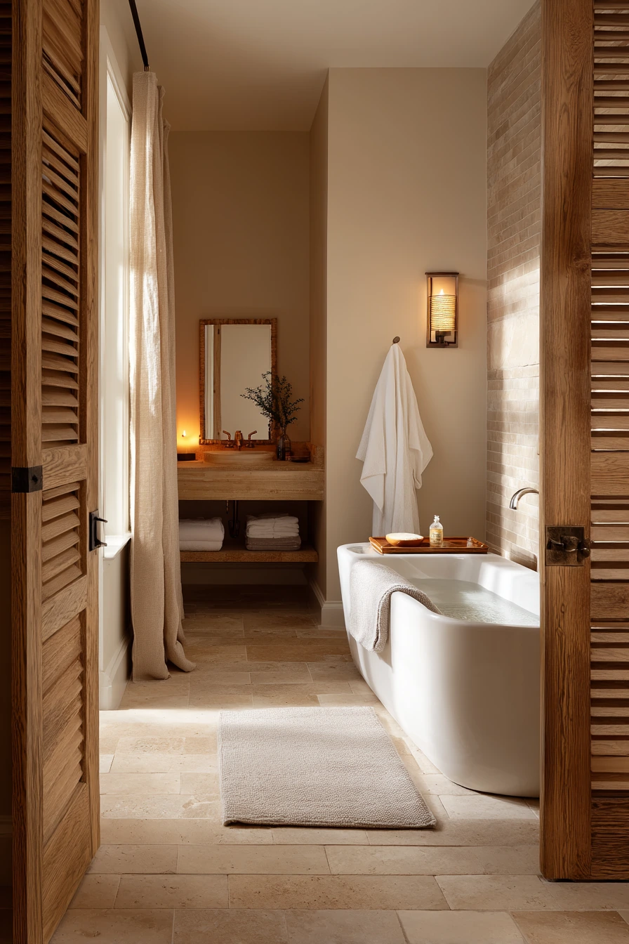Spa-Quiet Bathroom with a Slatted Wood Barn Door