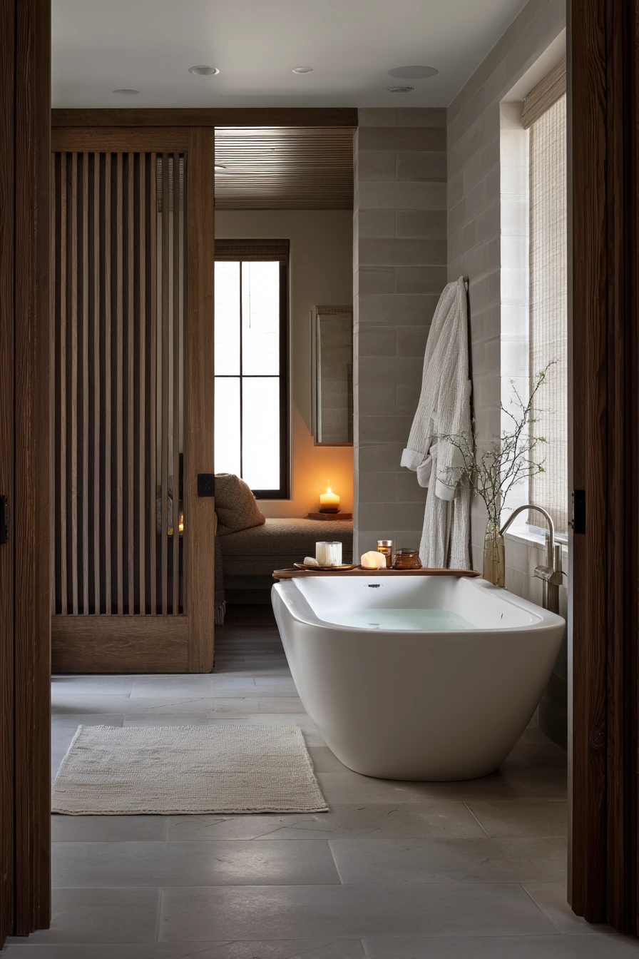 Spa-Quiet Bathroom with a Slatted Wood Barn Door