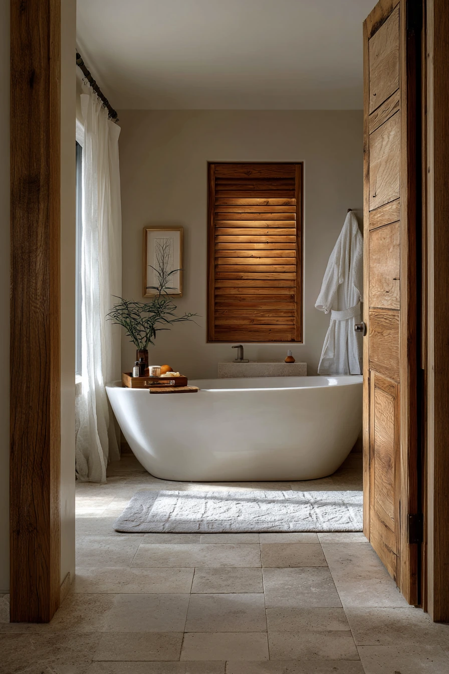 Spa-Quiet Bathroom with a Slatted Wood Barn Door