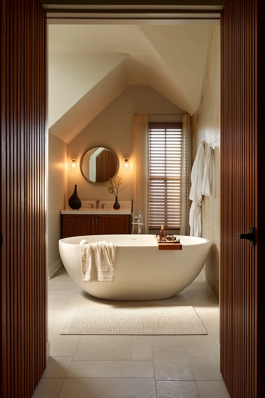 Spa-Quiet Bathroom with a Slatted Wood Barn Door