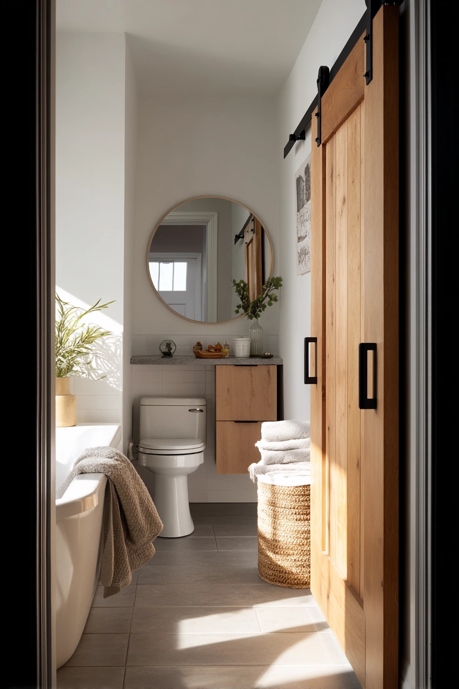 Small Hall Bath with a Space-Saving Sliding Barn Door