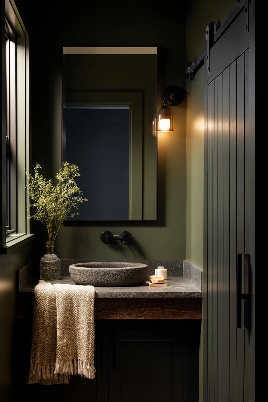 Dark Paint Bath with a Dramatic Black Barn Door
