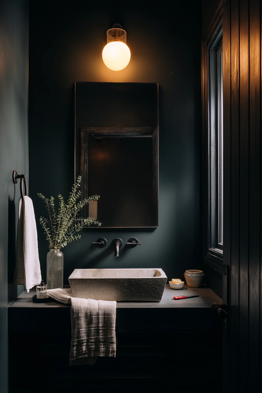 Dark Paint Bath with a Dramatic Black Barn Door