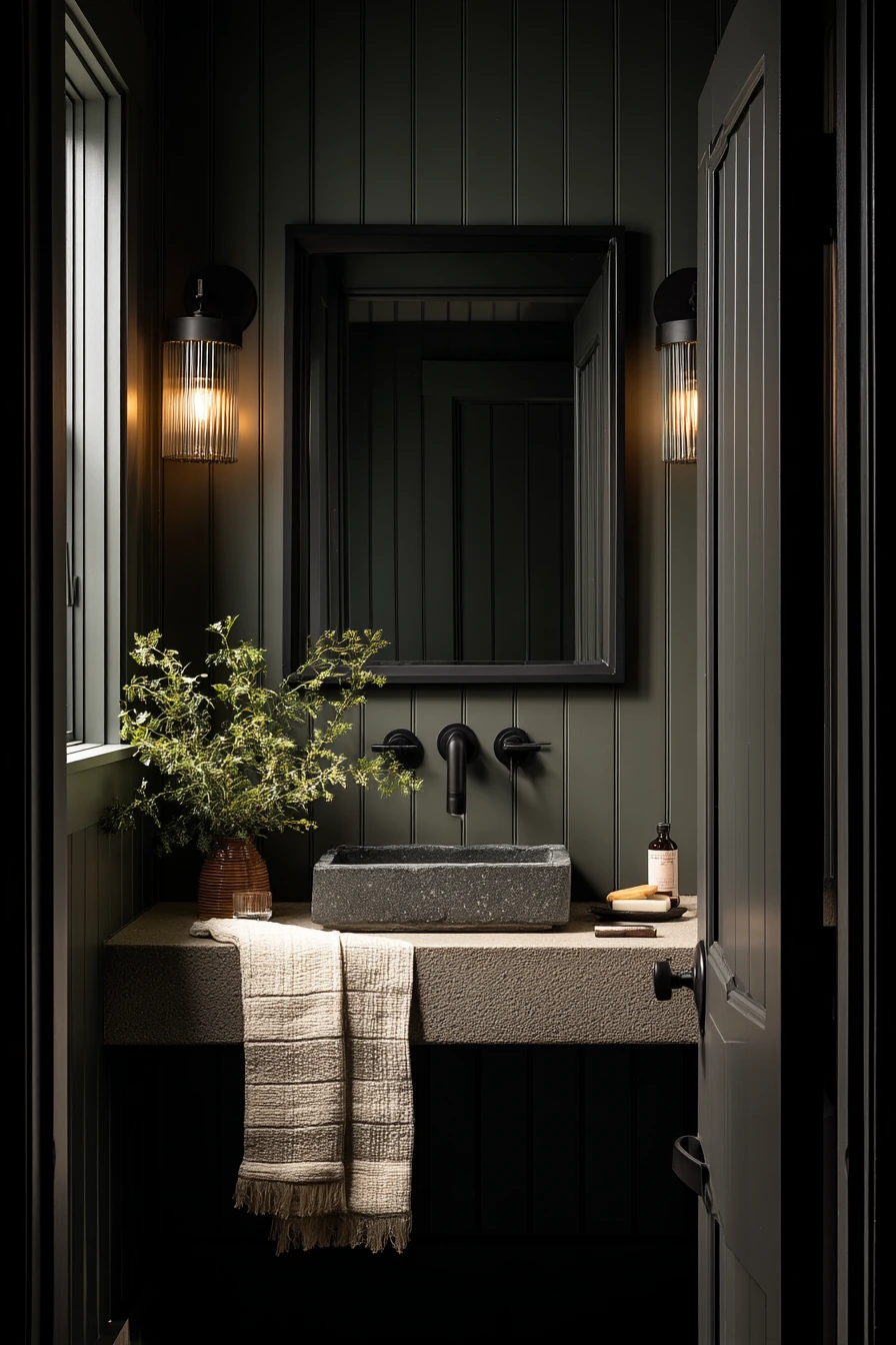 Dark Paint Bath with a Dramatic Black Barn Door