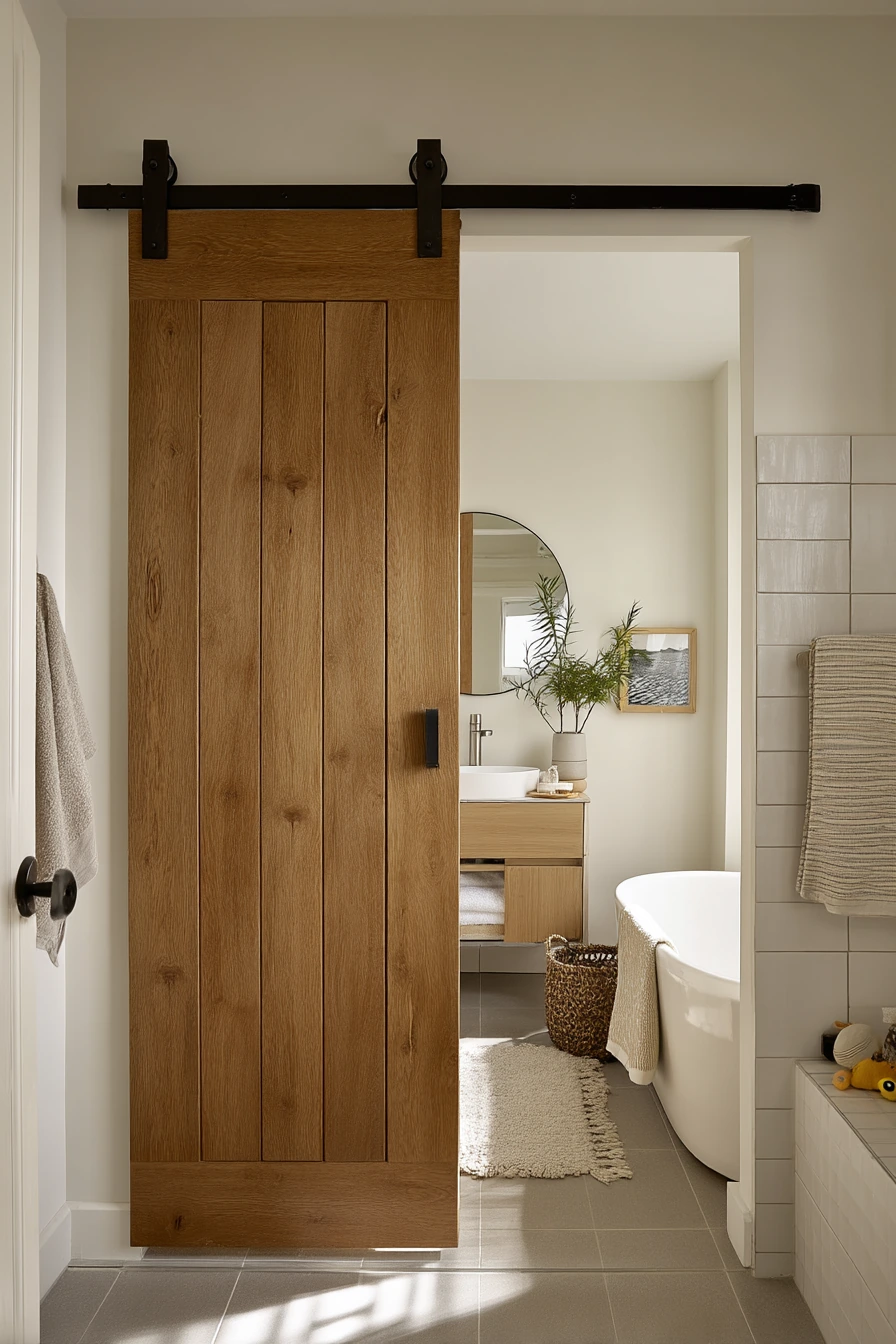 Small Hall Bath with a Space-Saving Sliding Barn Door