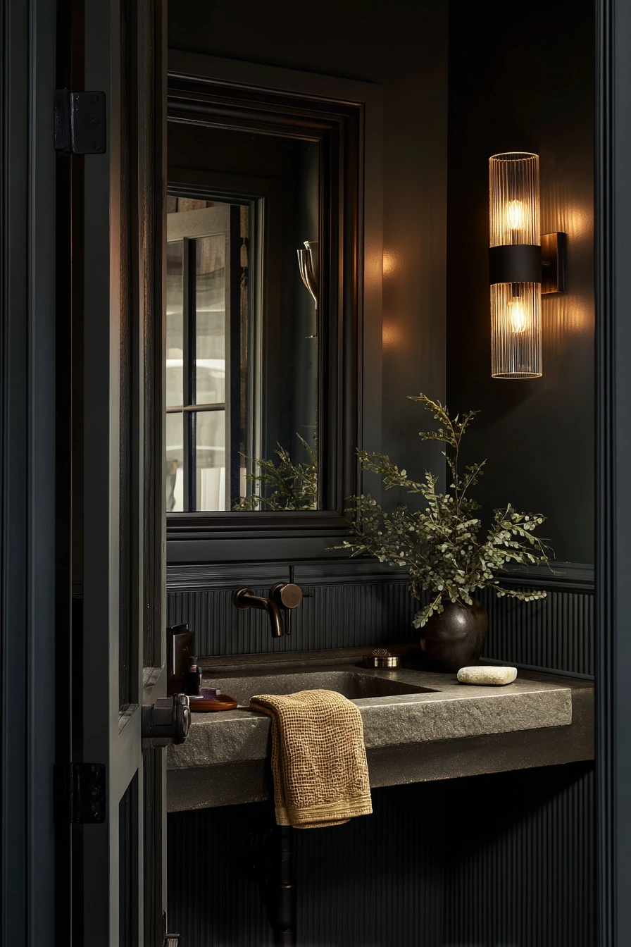 Dark Paint Bath with a Dramatic Black Barn Door