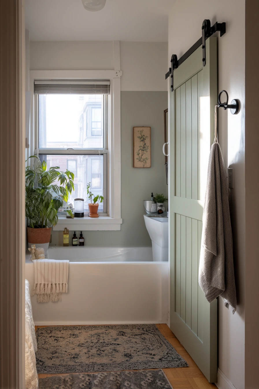 Renter-Friendly Bathroom with a Simple Painted Barn Door