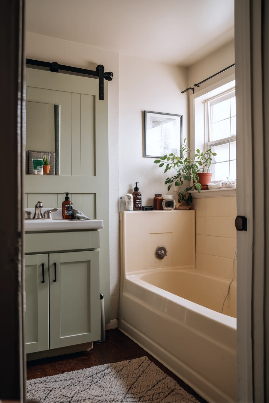 Renter-Friendly Bathroom with a Simple Painted Barn Door