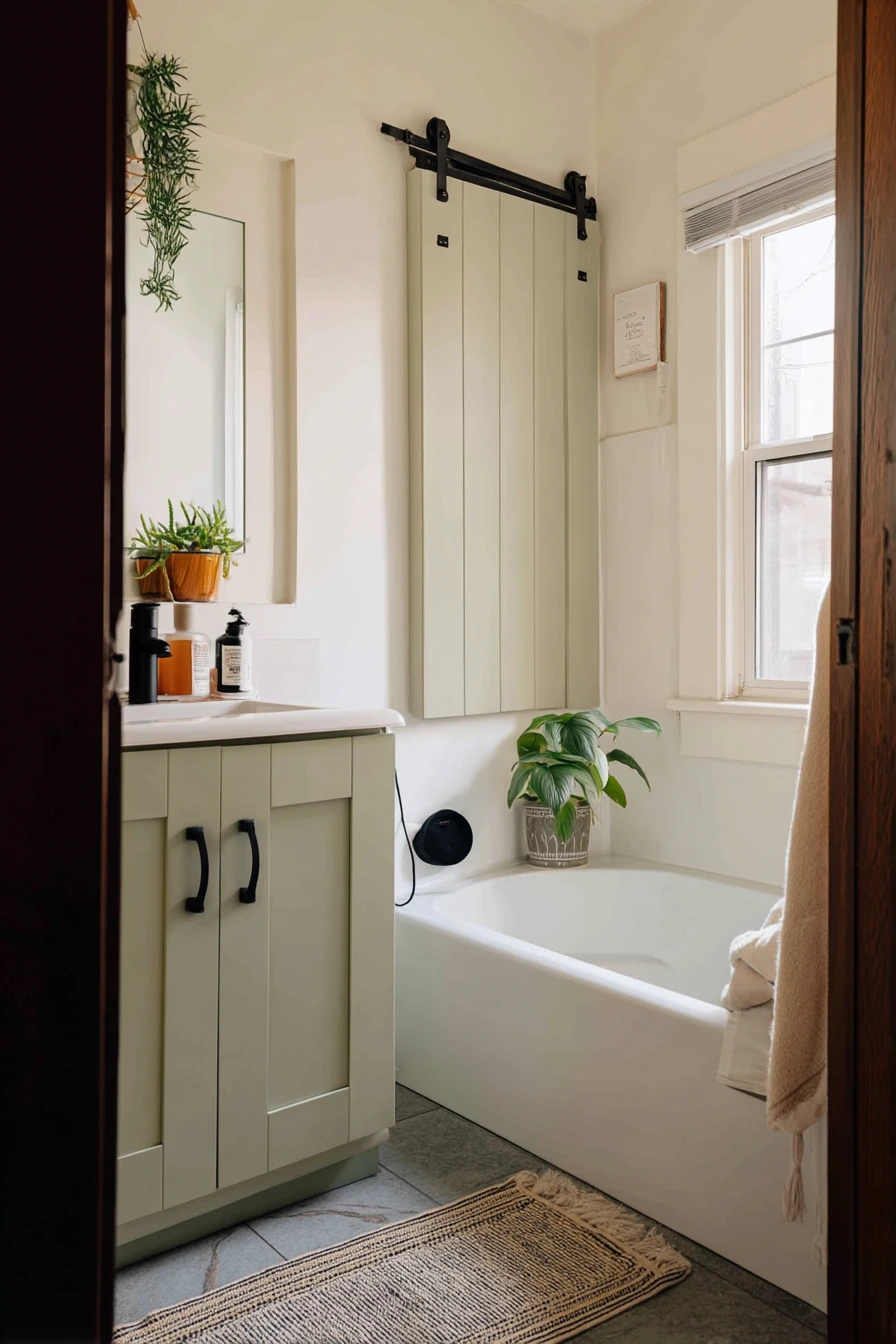 Renter-Friendly Bathroom with a Simple Painted Barn Door