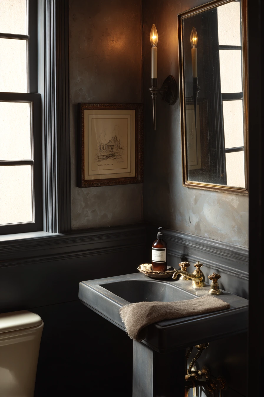 Dark Trim Baseboards Beside a Moody Powder Room