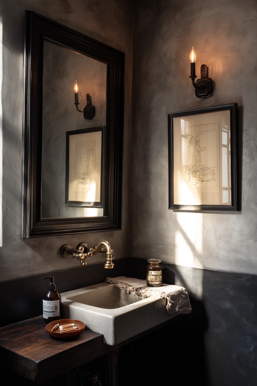 Dark Trim Baseboards Beside a Moody Powder Room