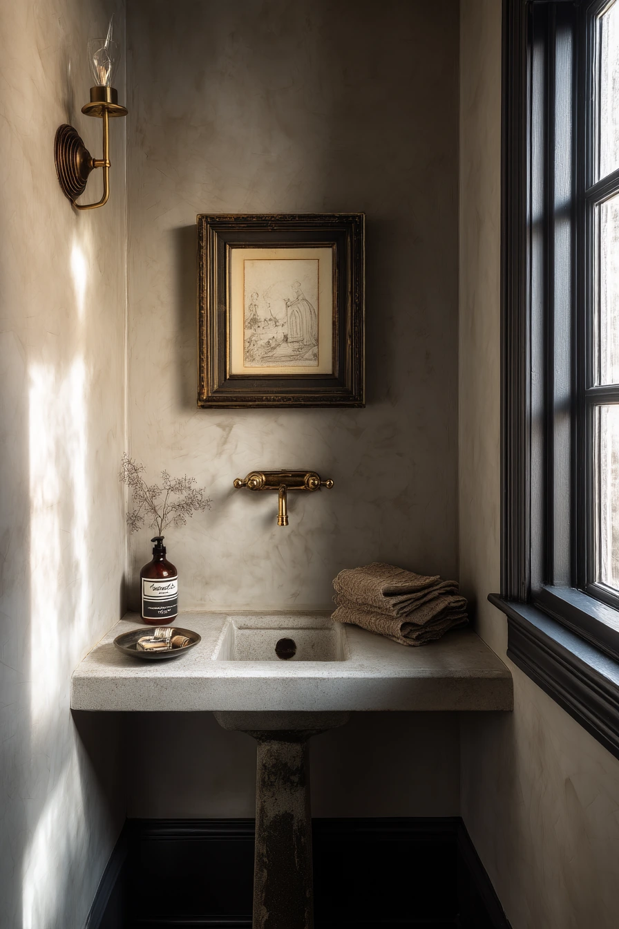 Dark Trim Baseboards Beside a Moody Powder Room
